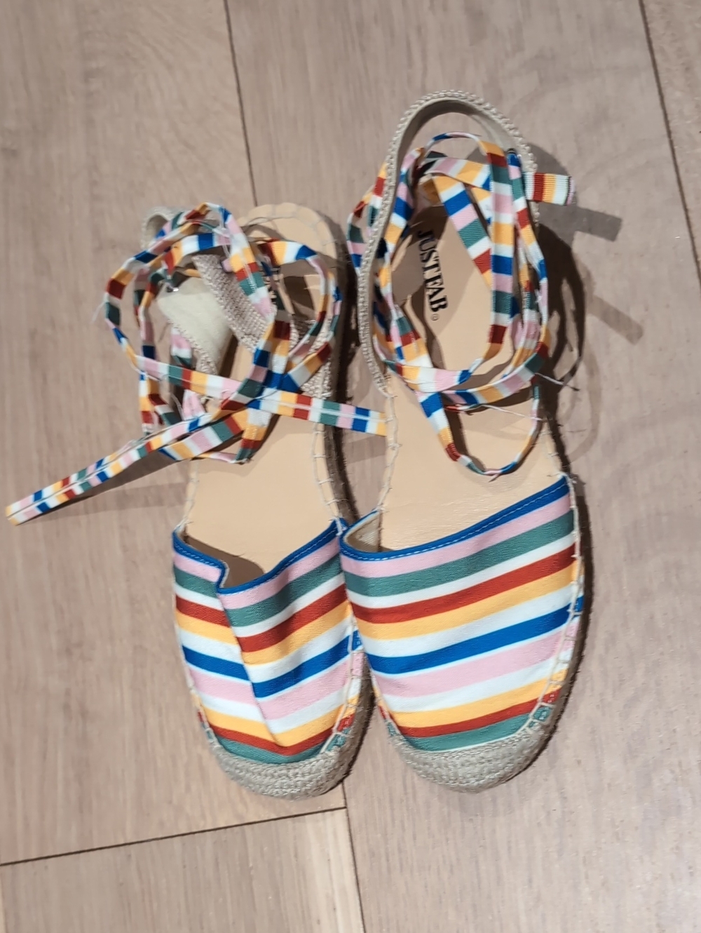 JustFab Multicolor Striped Canvas Espadrille Sandals with Ankle Wrap